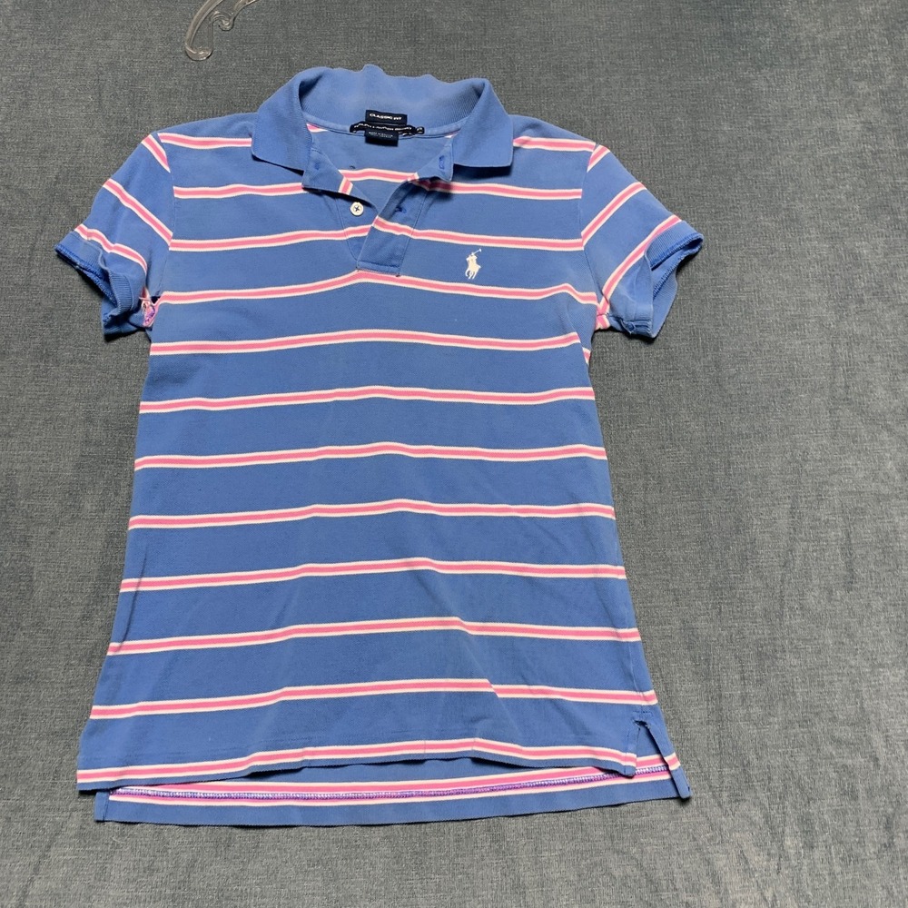 Ralph Lauren Sport Polo Shirt Boys XS Blue Striped Classic Fit High Low Slit
